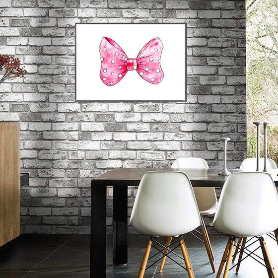 Pink Bow Art, Watercolor Painting