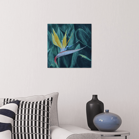 Bird of paradise. Yellow flower watercolor painting by Svetlana Vorobyeva