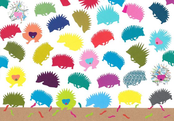 Hedgehogs looking for worms  (Hand-Cut Collage)
