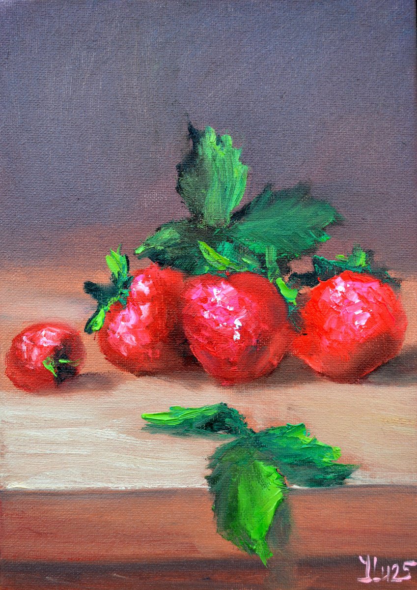 Expressive Still Life Oil Painting By Elena Lukina, 8 X 12, Strawberries 30?21, Original Artwork