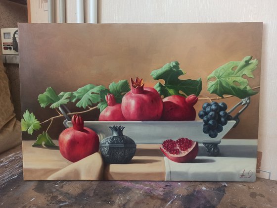Still life with pomegranate (40x60cm, oil painting, ready to hang)