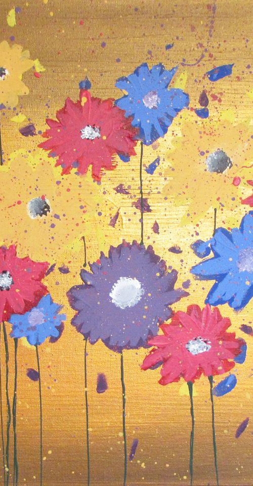 flower gold multi colour original abstract floral painting art canvas - 16 x 20 inches by Stuart Wright