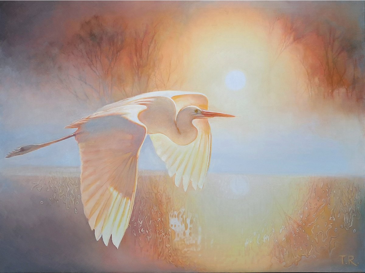 Impressionistic Animal Oil Painting By Tatiana Rezvaya, 39 X 30", Fly Into The Sunrise, Original Artwork
