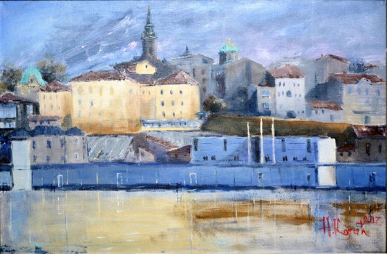 Yellow - Blue View over Sava river Belgrade skyline painting