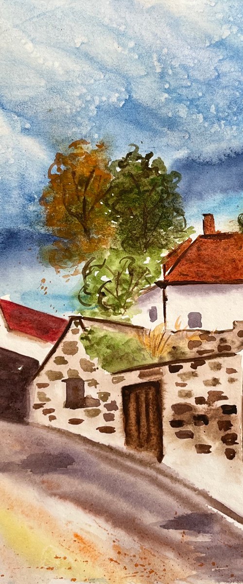 Hungary Painting Landscape Original Art Village Watercolor Houses Artwork Roof Wall Art 8 by 12" by Halyna Kirichenko by Halyna Kirichenko