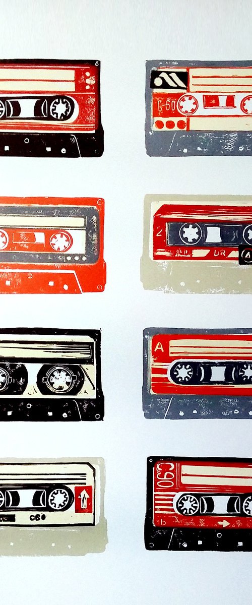 Linocut cassette tapes #59 by Carolynne Coulson