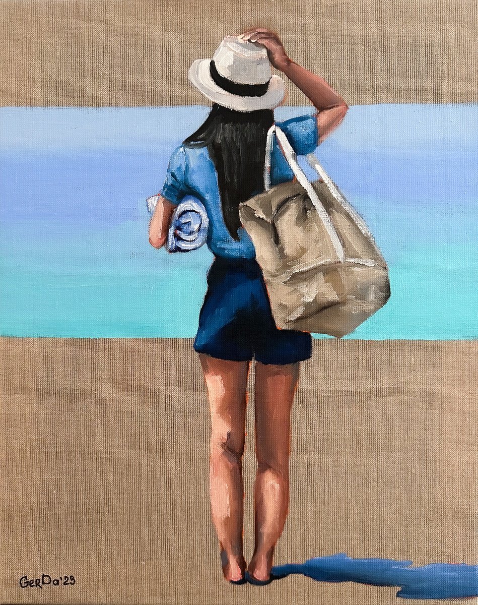 To the Beach Woman Painting on Linen Canvas Oil painting by Daria