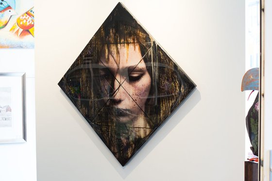 "Dreamworld" (120X120X3cm) - Unique portrait artwork on wood (portrait, original, epoxy, painting)