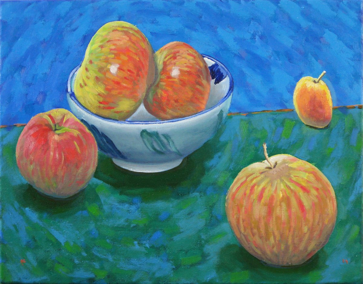 Still Life Oil Painting By Richard Gibson, 18 X 14", Apples And Bowl, Original Artwork