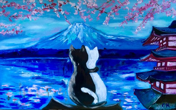 Cats in Japan Travel to Japan in spring, blooming Sakura , Mount Fuji , romantic evening.
