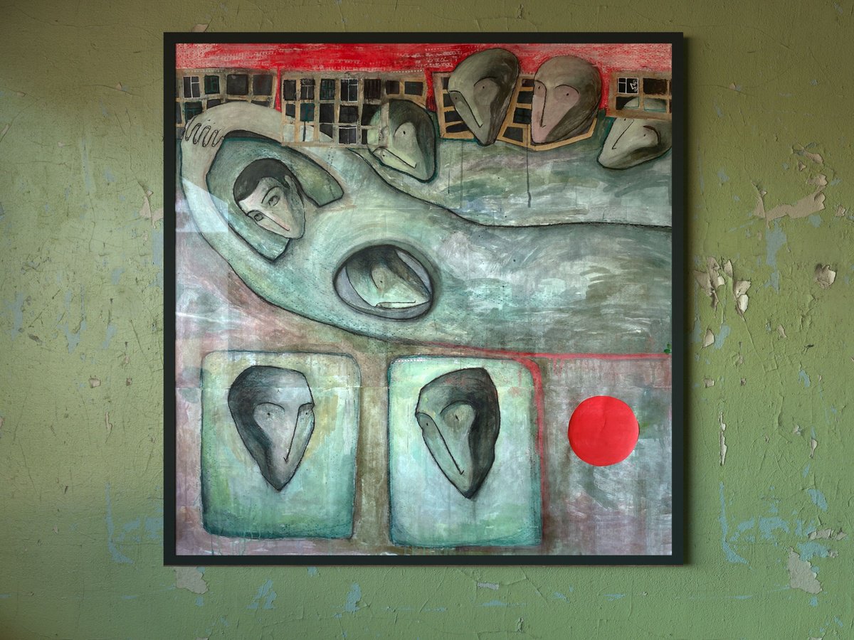 Surrealistic Portrait Painting By Liubov Ro, 55 X 57", Flight Over A Ruined City, Original Artwork