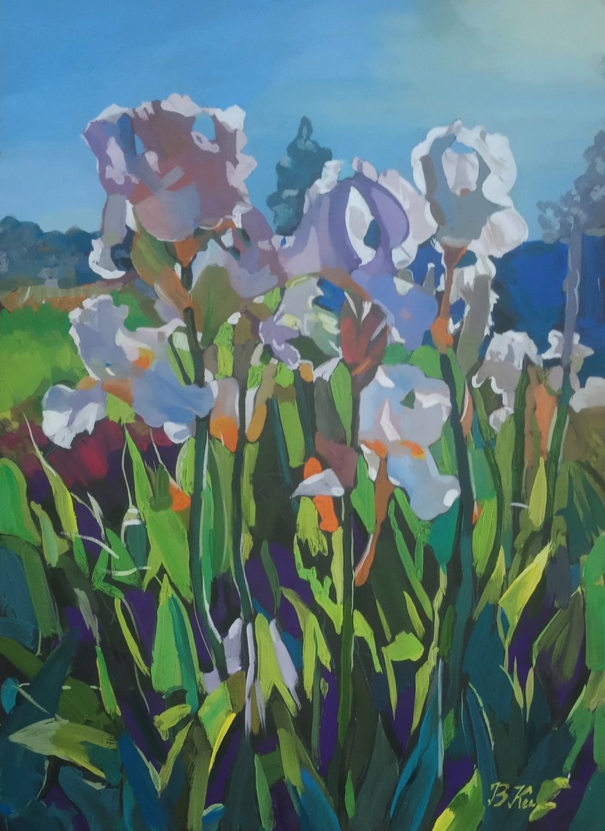 Impressionistic Botanical Painting By Valentina Kachina, 20 X 28", Irises, Original Artwork