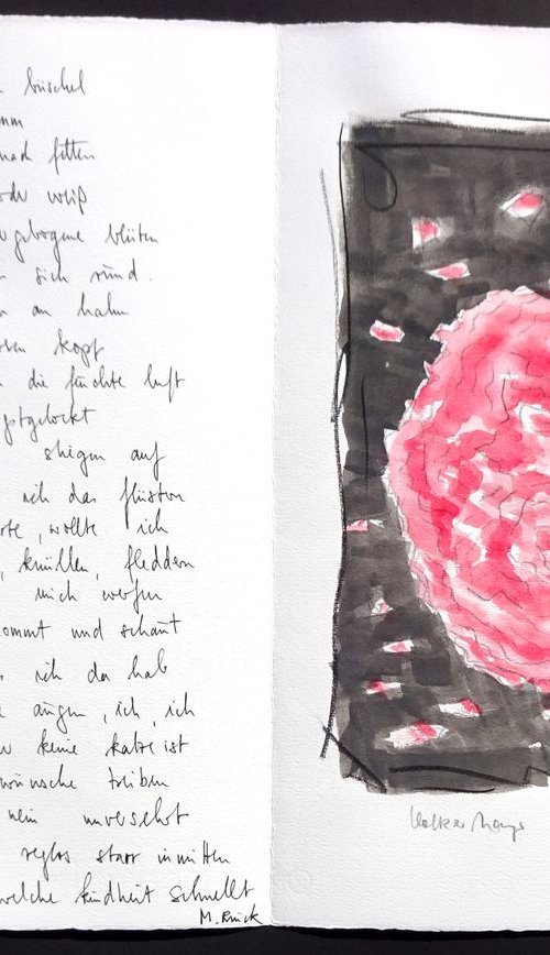 Monika Rinck: Peonies, Variant 7 - handwritten poem and original gouache by Volker Mayr