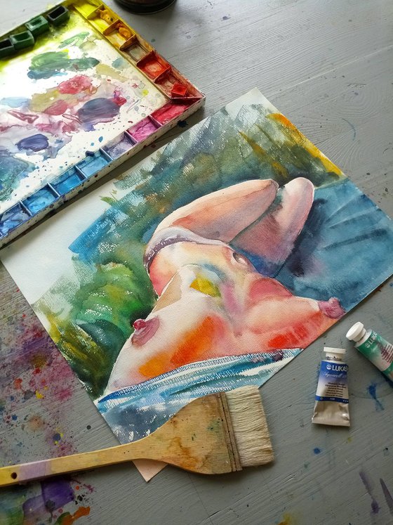 Nude in Watercolor Original Painting, Nude Female Painting, Erotic Art, Nudity Art Wall, Woman Nude Figurative Artwork, Dormitory Wall Art