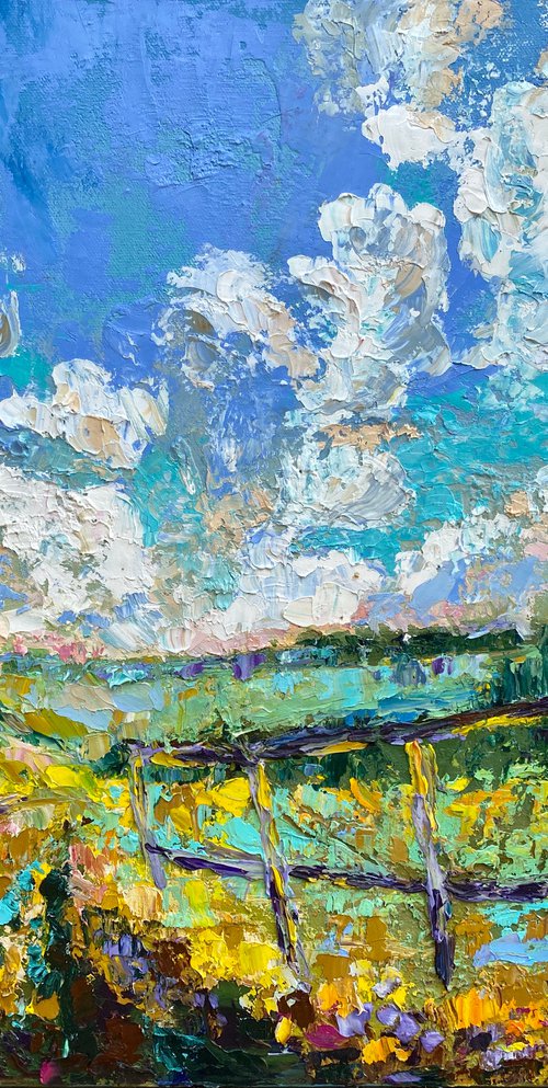 Fields - Yellow mood, 50*60 cm, impasto impressionistic landscape oil painting in yellow and blue colours by Olga Blazhko
