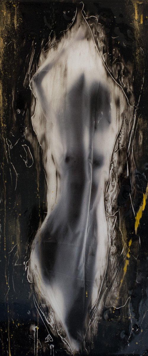 "Euphoria" (60x30x2,5cm) - Unique portrait artwork on wood (abstract, portrait, epoxyresin, gouache, original, painting, coffee, acrylic, oil, watercolor, encaustics, beeswax, resin, wood, fingerpaint) by Rouzbeh Tahmassian