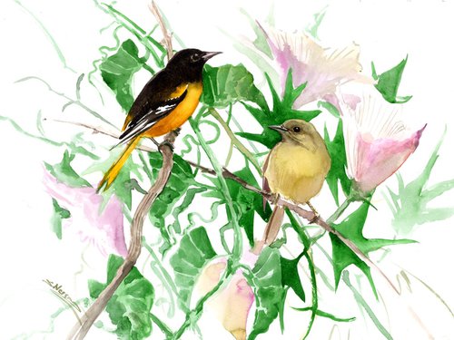 Baltimore Oriole BIrds in the Wild, Male and female birds and flowers artwork by Suren Nersisyan