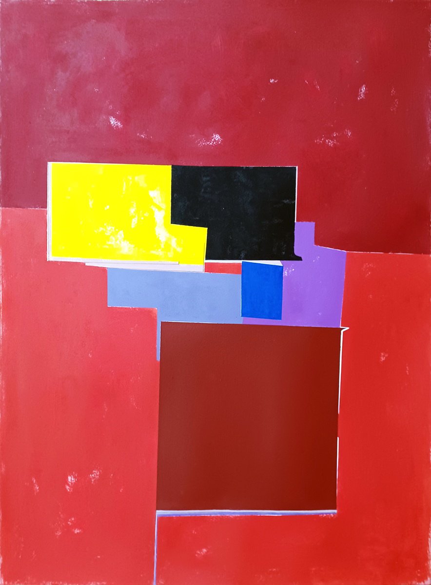 Abstract Acrylic Painting By Luis Medina, 22 X 30", Red Composition Iv, Original Artwork