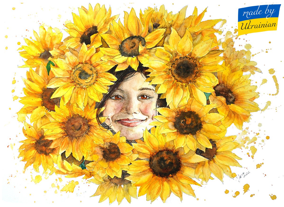 Ukrainian Girl in Sunflowers - Original Watercolor Painting - She is the Future by Yana Shvets