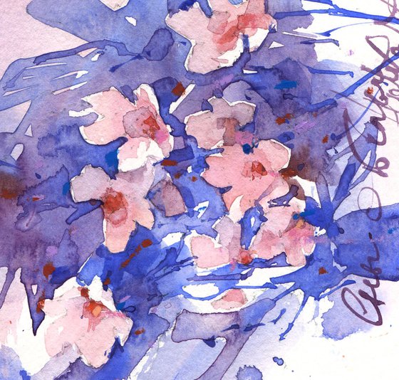 "Dreams of White Nights" original watercolor in blue and orange tones blooming branches