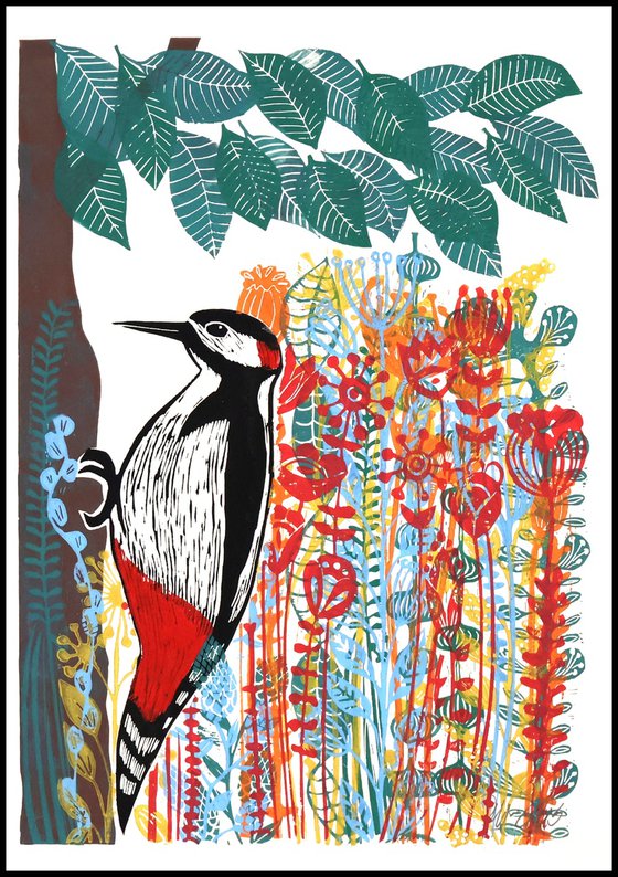 Woodpecker and Flowers