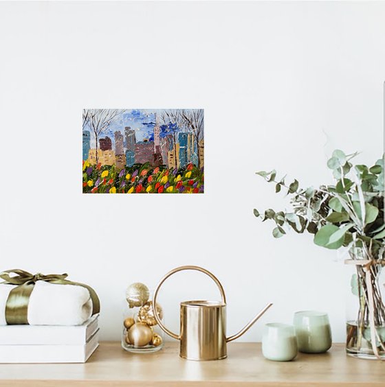 New York Painting Cityscape Original Art Tulips Oil Artwork NYC Home Wall Art 12 by 8" by Halyna Kirichenko