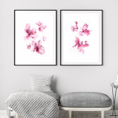 Pink watercolor floral paintings set by Olga Grigo