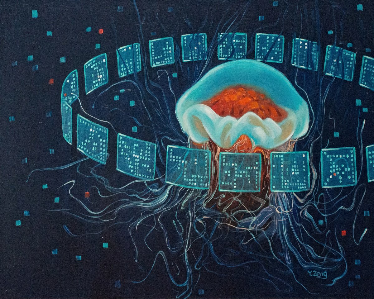 Surrealistic Animal Oil Painting By Yue Zeng, 20 X 16", Cyber Jellyfish, Original Artwork