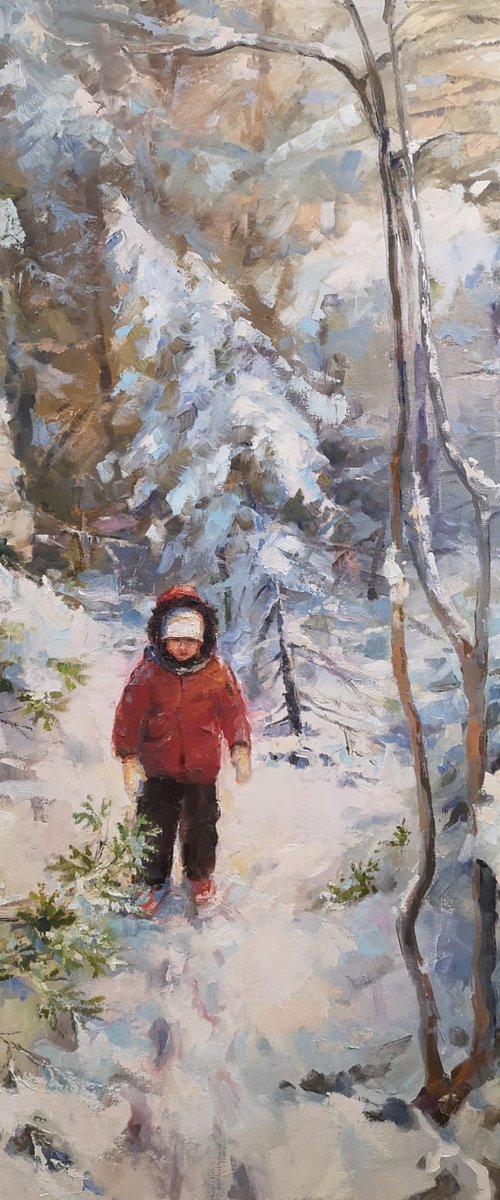 "Alice in Winterland", original,one of a kind, oil on canvas painting from the "Childhood series"(24x30x1,5") by Alexander Koltakov