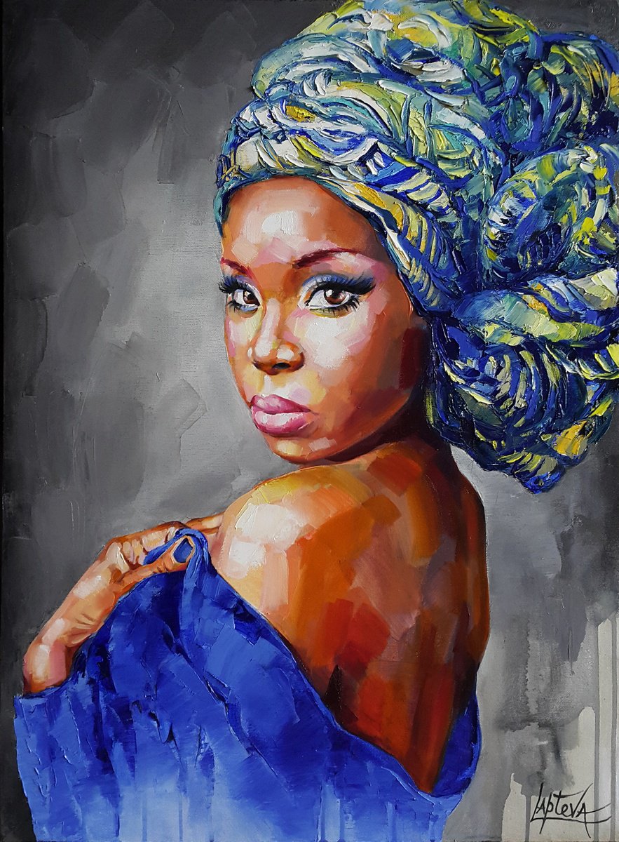 Expressive Portrait Oil Painting By Viktoria Lapteva, 20 X 28", Aroma Of Ultramarine, Original Artwork