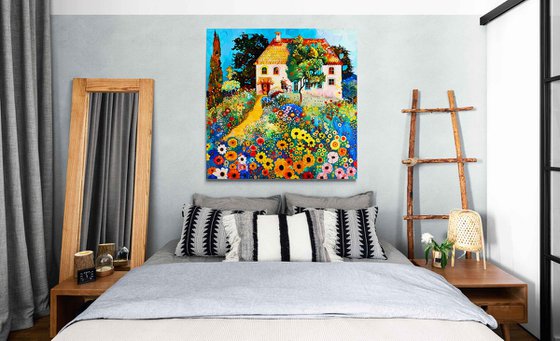 Sunny day with cozy house in colorful garden. Bright impressionistic fairytale floral landscape fantasy flowers. Hanging large positive relax naive fine art for home decor, inspiration by Matisse and Klimt