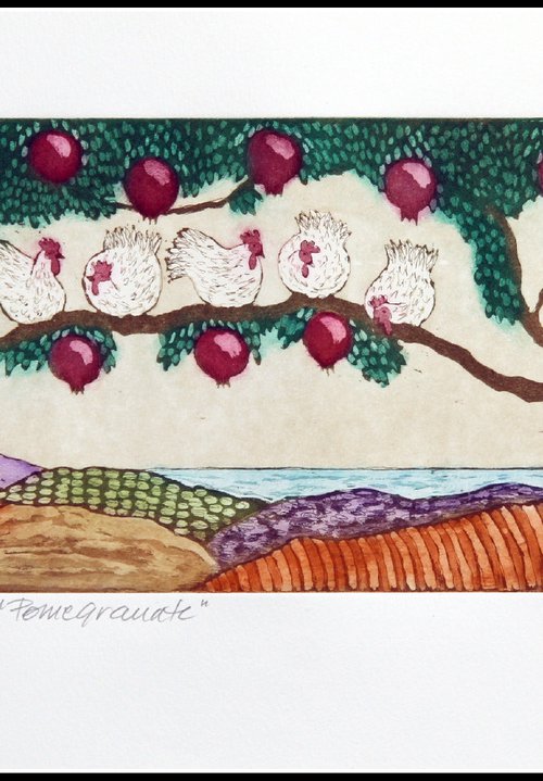 Pomegranate tree and Hens by Mariann Johansen-Ellis