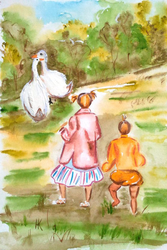 Sisters Painting Kid Original Art Girls and Gooses Small Watercolor Artwork 8 by 12 inches