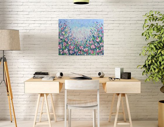 Pink flower field 16"x20" - Impasto acrylic painting