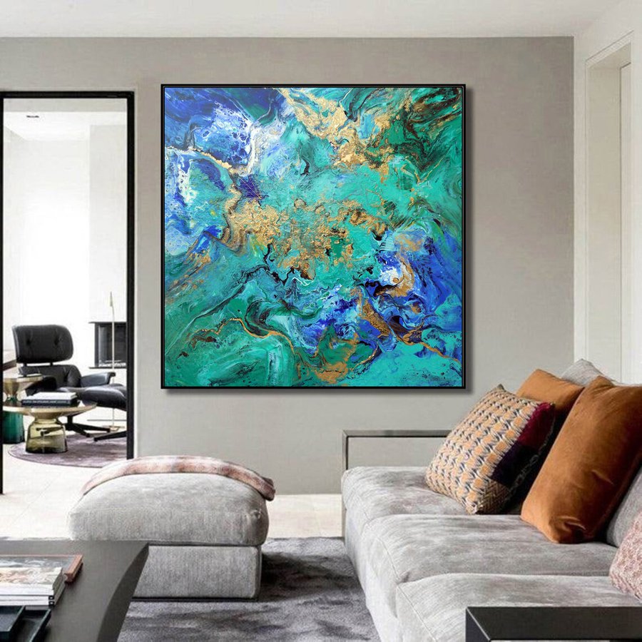 Modern abstract art blue green gold metallic painting ocean colors ...