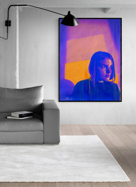 Bright painting - "Blue-orange girl" - Pop Art - Portrait - Neon art - 130x100cm