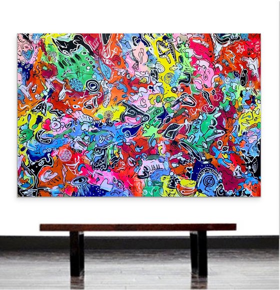 78''x53''(200x135cm), Life in Colors 11, blue, pink, cream, green black, texture, land earth colors canvas art  - xxxl art - abstract art painting- extra large art