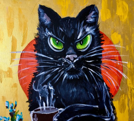 Coffee cat. Lucky black coffee  cat brings positive emotions in your life.