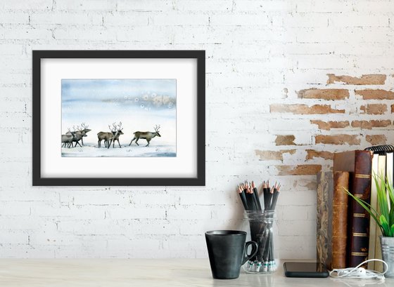 Reindeer. Winter landscape with walking deer. Original watercolor artwork.