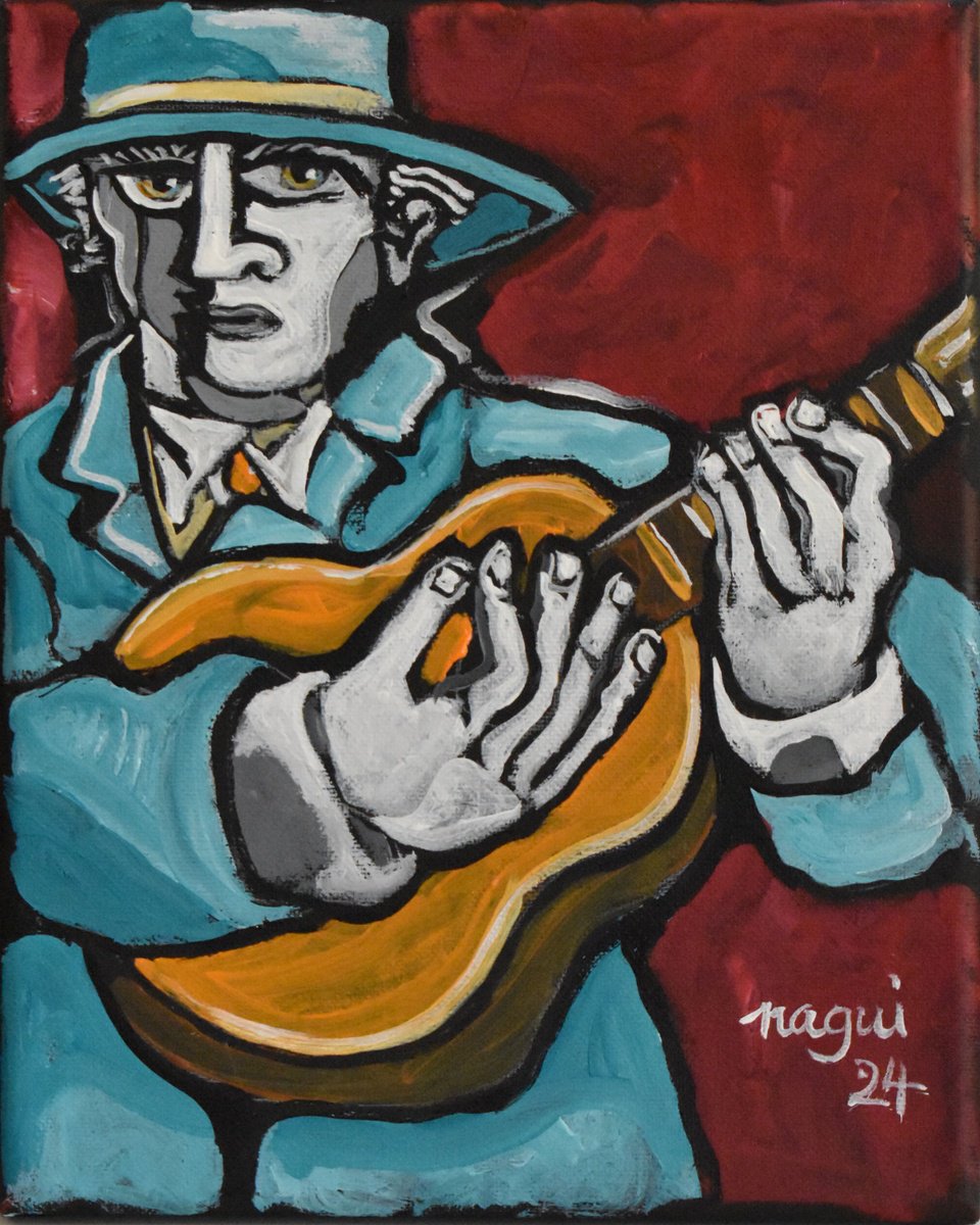 Expressive Portrait Acrylic Painting By Nagui, 8 X 10", Man And Guitar, Original Artwork