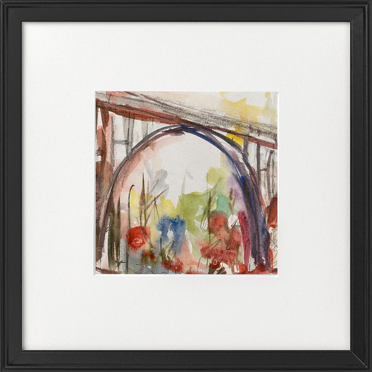 Abstract bridge with flowers Landscape 1 Framed by Teresa Tanner