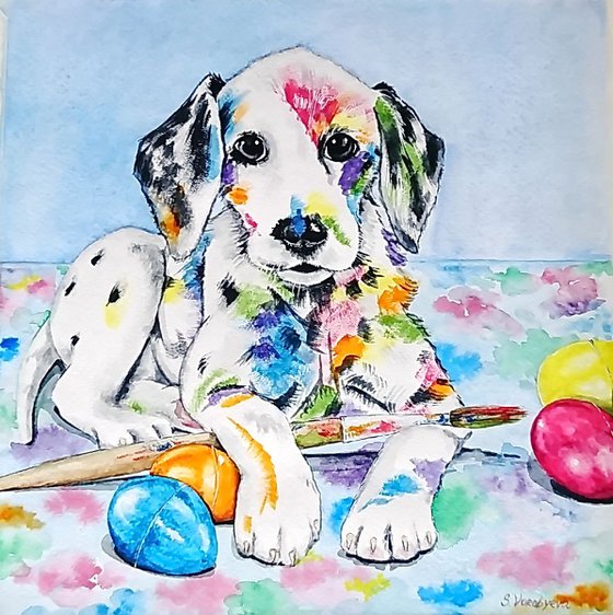 Rainbow dog. Watercolor painting by Svetlana Vorobyeva