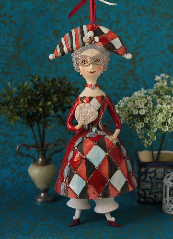 Carnival Dame as sculptured ceramic bell doll by Elya Yalonetski