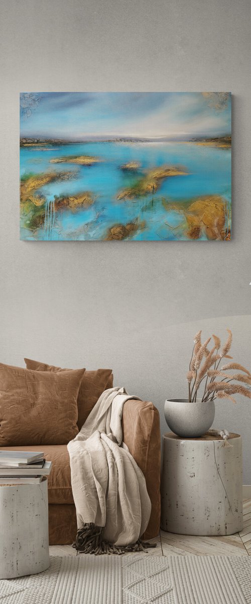 A large abstract beautiful structured mixed media painting of a lake "On the lakeshore" by Vera Hoi