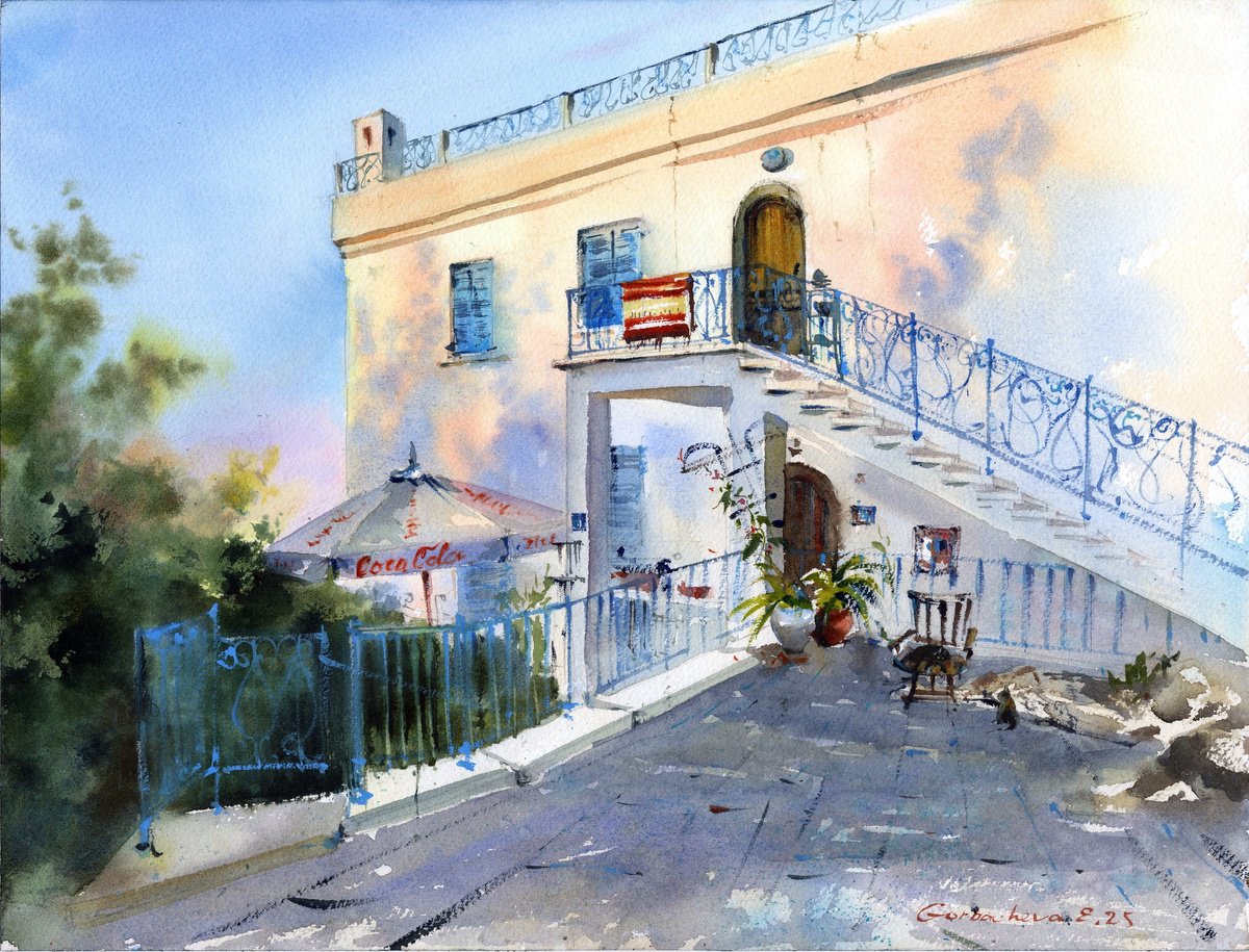 Impressionistic Cityscapes Watercolour By Eugenia Gorbacheva, 16 X 12, Cyprus Afternoon, Original Artwork