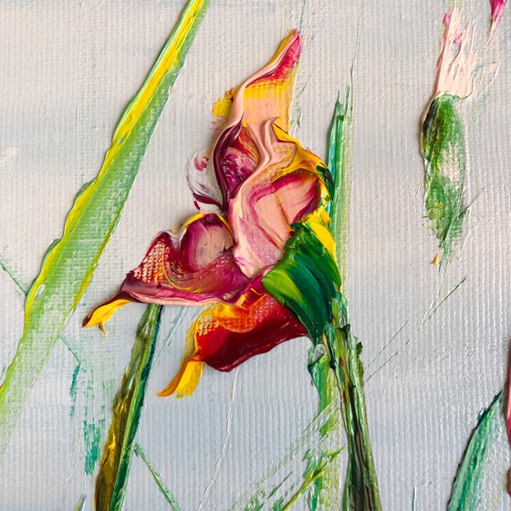 MORNING IRISES - Blooming irises. Red flowers. Summer landscape. Saturated colors. Fancy petals. Greenery. Beauty of nature. Palette knife.