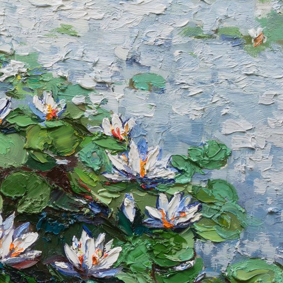 White Water Lilies - Large Original Oil painting 120 x 70 cm