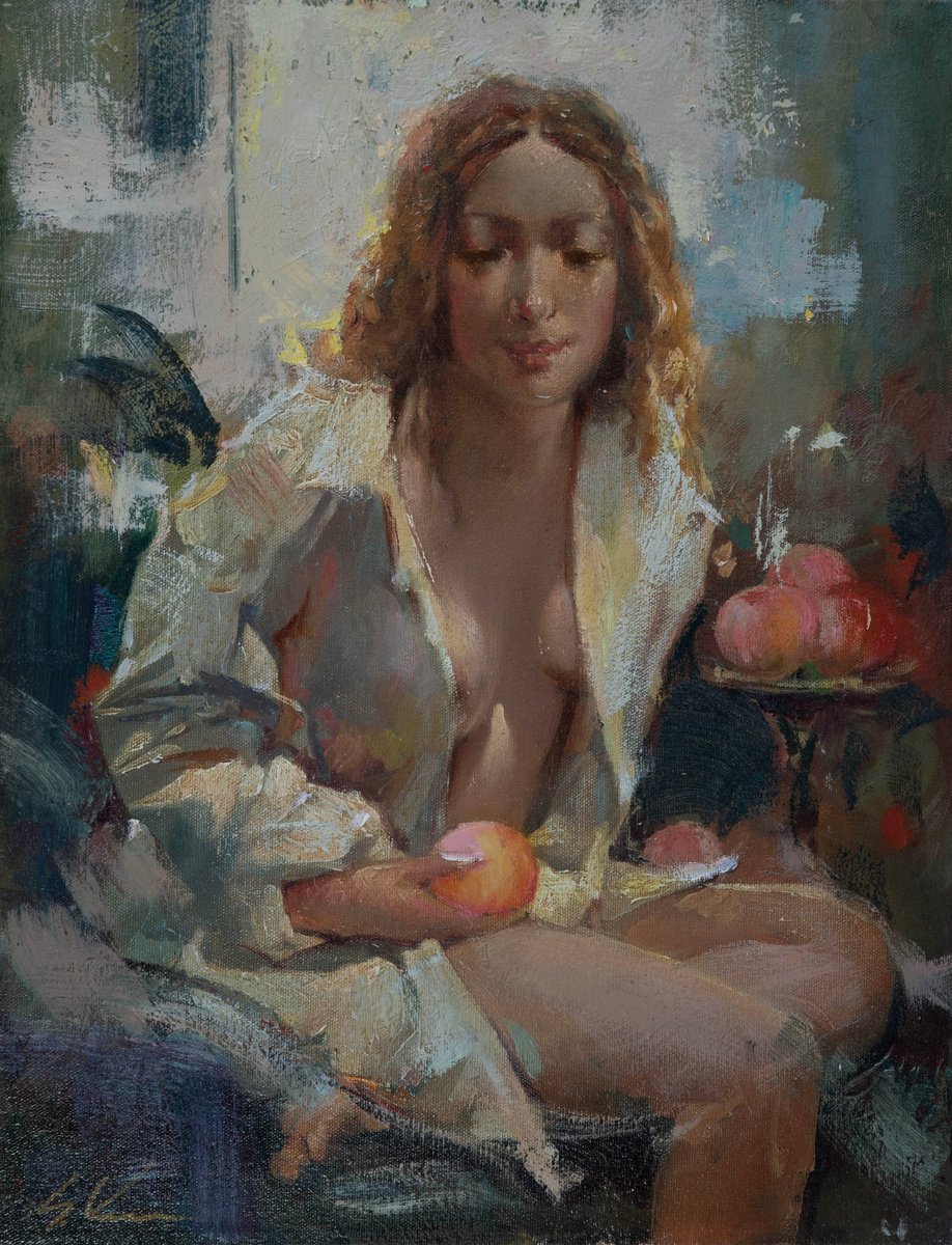 Impressionistic Portrait Oil Painting By Sergei Yatsenko, 14 X 18", Everyone Love Peaches, Original Artwork