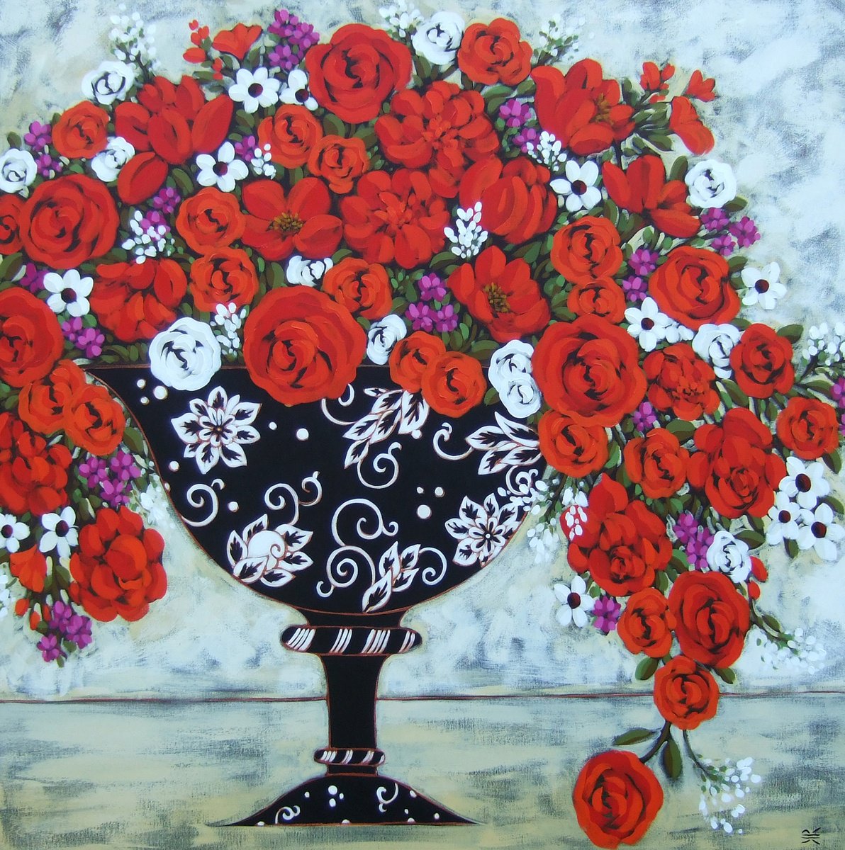 Impressionistic Botanical Acrylic Painting By Karen Rieger, 48 X 48", Red & White Roses With Viennese Vase, Original Artwork