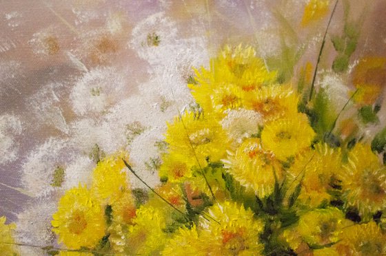''SUNNY DANDELIONS''.  Wild flowers. Original oil painting